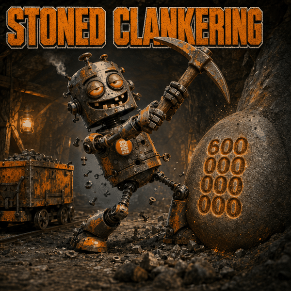 A stoned clankering robot celebrates with a pickaxe